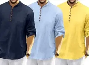 FINIVO FASHION Combo of Men’s Casual Full Sleeve Kurta Style Shirt with Button Placket |Regular Fit Ethnic Fusion Wear| Lightweight Breathable Fabric |for Daily & Festive Use Pack of 3