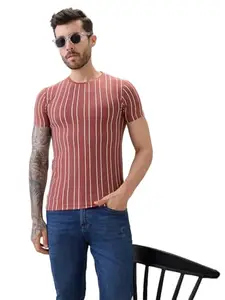 Status Quo Men’s Structured Striped Half Sleeves Regular Fit T-Shirt | 52% Cotton 48% Polyester | Brick | L Size