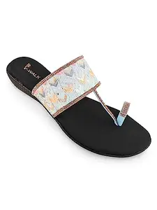 V-WALK Embroidered Slip-ons Ethnic Flats | Toe-Ring Festive Chappals for Women | Women's Fashion, Office & Ethnic Sandals | Sky Blue