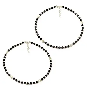 Sahiba Gems Stylish Nazariya Anklet (Payal) with Black & Silver Beads in Pure 92.5 Sterling Silver for Girls and Women - Pack in Pair
