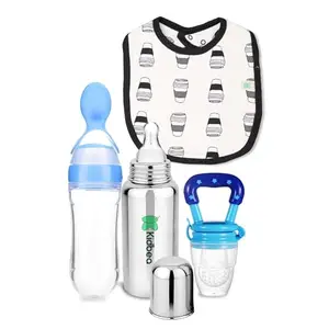 Kidbea Stainless Steel Infant Baby Feeding Bottle, Blue Printed Bibs, Silicone Food and Fruit Feeder BPA Free Combo of 4
