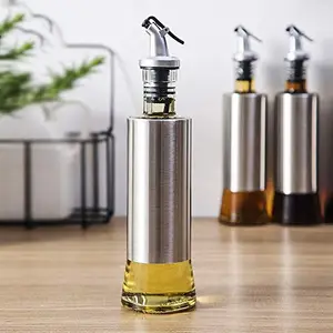 VERONIZA Stainless Steel Olive Oil Dispenser Bottle, Glass Cooking Oil & Vinegar Cruet for Kitchen 500ml Steel Pack 1 (500, cylinder, 1, VER-1)