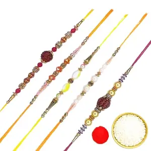 SADO-Self Adhesive Dots Optimize SADO Premium Rakhi Set of 5 for Brothers – Rudraksha & Beaded Designer Rakhi with Roli Chawal | Traditional Raksha Bandhan Gift for Bhai