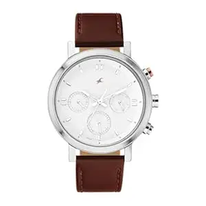 Fastrack Tick Tock Quartz Multifunction White dial Brown Leather Strap Watch for Guys - NT3287KL02