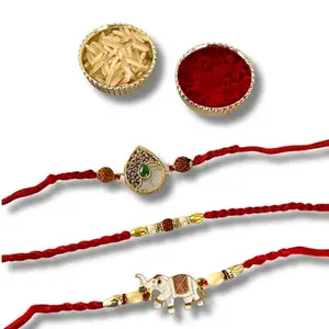 Vrunda Minimalist & Traditional (Golden platted Paan shape + Elephant Pendant + Small Rudraksh) Rakhi + Roli Chawal & Greeting Card |Premium Rakhi for Brother | Gift | 3 Pcs