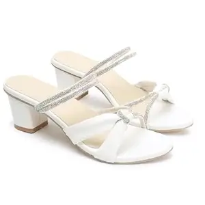 AUSTINE Women Stylish High Heels Sandals | Comfortable Block Heel Slip-On | Fashion Footwear for Women & Girls White