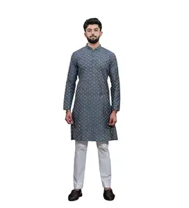 Men's Casual Cotton Printed Full Sleeve Kurta Pyjama Set (Grey, S)-PID59994