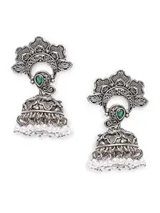 OOMPH Jewellery Oxidised Silver Green Stone with Beads Floral Ethnic Jhumka Earrings For Women & Girls Stylish Latest (ECK111_Z)- For Women & Girls Stylish Latest
