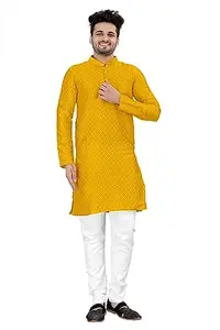 Yansh Creation Jacquard Casual Embroidered Kaju Katli Pattern Mandarin/Chinese Neck Full Sleeve Regular KurtaAnd White payjama set for Men Yellow M
