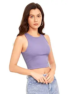 Istyle Can Women's & Girls' Solid Crew Neck Rib/Knit Sleeveless Stretchable Slim Fit Crop Tank Top (X-Small, Lavender)