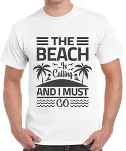 Caseria Men's Cotton Graphic Printed Half Sleeve T-Shirt - The Beach Go (White, L)