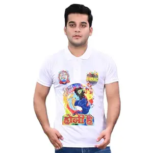 Neocardin Mens & Boys Colorful Graphic Holi Festival Polo T-Shirt Half Sleeves (Radha Krishna) (in, Alpha, M, Regular, White)