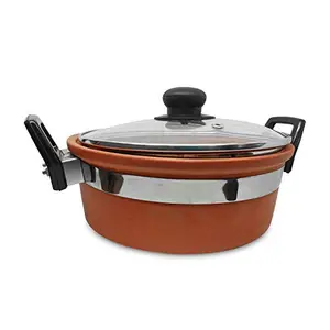 Potter's Play Terracotta Kadai with Glass Lid, Large, 2 Liter, 1 Piece