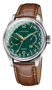Men's Luxury Quartz Watch with Green Dial, Brown Leather Band, Calendar Display, Silver Case