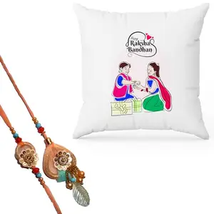 Ethnic Darzi Rakhi Combo Gift Set - 1 Set Designer Lumba with Rakhi - Gift for Bhaiya Bhabhi | Rakhi with Printed Cushion, RKCUS-181