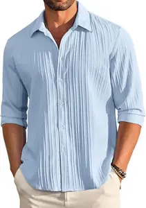 DEELMO Men's Button Down Dress Shirts Textured Long Sleeve Casual Hawaiian Beach Shirt Sky Blue