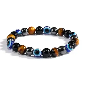 Evil Eye Protection Bracelet, Tiger Eye and Hematite Beads, Black and Brown Mixed Stones, 8mm