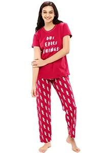 ZEYO Women's Cotton Flash Printed Stylish Night Suit Set of Top & Pyjama 5623 Red