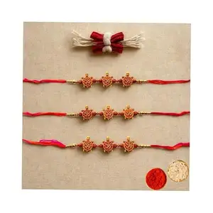 TRUESTAR Turtle Rakhi for Brother | Pack of 3 Om Rakhi with Rudraksha & Red Thread | Raksha Bandhan Set with Roli Chawal