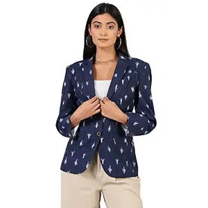 INDOPHILIA Women's Ikat Cotton Tie and Dye Single Breast Two-Button Blazer : Blue, XXL (42), LSBlazer010color01