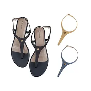 Cameleo -changes with You! Women's Plural T-Strap Slingback Flat Sandals | 3-in-1 Interchangeable Strap Set | Black-Olive-Green-Dark-Blue