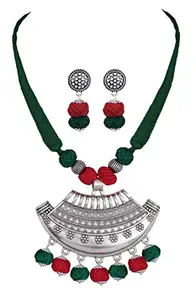 JFL - Jewellery for Less German Oxidised Silver Pendant with Cotton Thread Balls Handcrafted Necklace Set with Adjustable Thread for Women & Girls. (Green, Red),Valentine