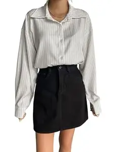 Aahwan Blue Solid Button Up Drop Shoulder Striped Print Casual Long Sleeve Shirt for Women's & Girl's