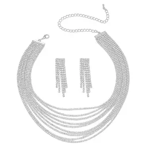 Peora Silver Plated Cubic Zirconia Studded Multi-layered Stylish Necklace with Drop Earrings Set Fashion Jewellery for Women & Girls