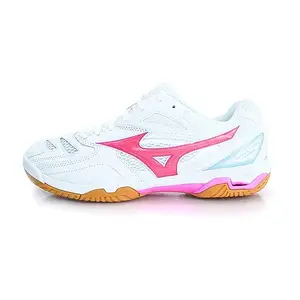 Mizuno Wave Fang Pro Non Marking Badminton Shoe for Men & Women | Ideal for Indoor Games (Badminton, Tennis, Volleyball, Squash) Super Stable Badminton Shoe White/Pink/Blue (UK 9)