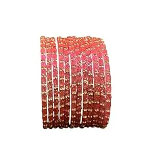 Glass Bangle Women's Traditional designer glass zircon bangles set with rose pattern and golden stone work stylish for occasional wear(Pack of 12 Pcs)