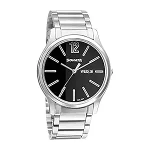 Sonata Essentials Quartz Analog with Day and Date Black Dial Silver Stainless Steel Strap Watch for Men - NT77082SM03W