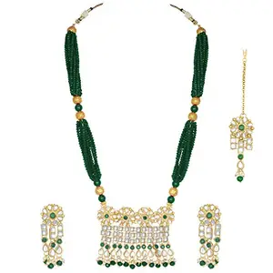 Peora Antique Gold Plated Jadau Kundan Green Bead Multi Layered Long Necklace Jewellery Set for Women Girls