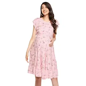 HYPERNATION Pink Floral Printed Women's Maternity Dress(HYPW03614, S)