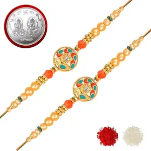 De Marquis Send Rakhi Set for Brother | 2 Rakhi + 1 Coin | Roli-Chawal pack | Greeting Card | Rakhee Gift | Rakshasutra | Happy Rakshabandhan