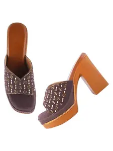 TRYME Versatile Block Heel Sandal Embellished Rhinestones & Denim Platform Party Heels For Womens & Girls