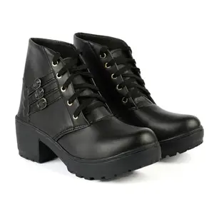 AVIRASA FASHION AVIRASA Women's Black Ankle Boots | Stylish Lace-Up Block Heel Boots with Side Buckle Design | Trendy & Comfortable Footwear_04