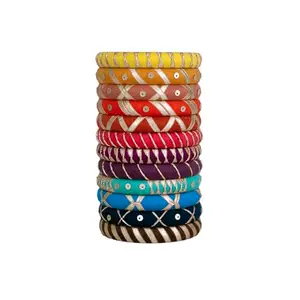 Taasha Craft Pearl Gotapatti Colourful Designer Bangles, Handcrafted Cotton Thread Bangle Set Women & Girls Size 2.12 Set of (12 Bangles)