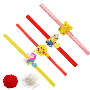 Jewelgenics Cartoon Characters Smiley, Minions, Ganesha Rakhi Combo Set of 4 Blasting Rakhi for Kids Brother with Roli & Chawal Special Rakshabandhan for Boys