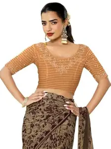 MRSWEARS Women's Regular Fit Readymade Stretchy Elbow Length Embroidered Saree Blouse