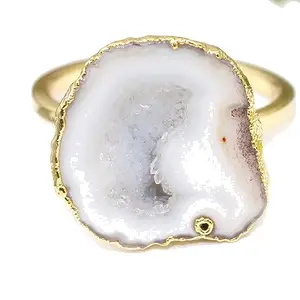 KHN Fashion Beautiful Natural Milky White Geode Druzy Gold Electroplated Rings Gifts For Her