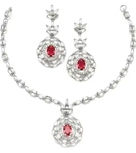 Elegant Stylish Stone Studded Necklace & Earring Set For WomensSilver_Red
