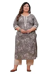 LABULY Women Plus Size Straight Pure Cotton Discharge Print Kurta with Lace Work
