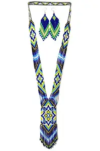 Blue Handmade Long Style Beaded Necklace Set for Women