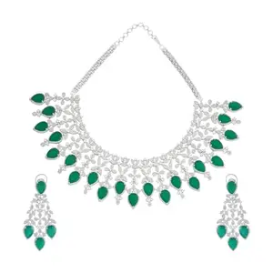 Kushal's Fashion Jewellery Green Rodium Plated Ethnic Zircon Necklace Set - 415959