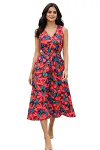 Leisureloom Women Floral Midi Dress | Sleeveless Fit and Flare Dress with V Neck and Tie Up Waist | Summer Casual and Vacation Wear Dress