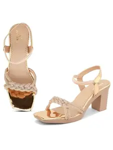 XE Looks Fancy & Comfortable Gold Heel Sandal with Ankle Strap for women & Girls Uk-3