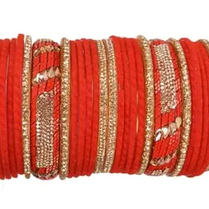 Guruji Fashion Trends | Red Color Bangle Set with Golden Stones Metal Bangles in Side | Glass Velvet Thin Bangles with Metal Kada in center for Womens & Girls (Glass bangles, 2-4)