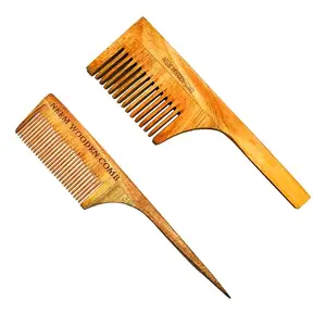 BlackLaoban Handmade Wooden Combs Big Size Kacchi Neem Wood Comb Set - Neem Comb Combo For Men & Women Hair Growth - Pack of 2 - Anti Dandruff, Detangling Hair Fall Control Kanghi Tail Comb & Large Tooth