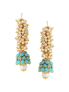 Celebravo Blue Traditional Golden Matte Finish Brass Metal Earrings With Elegant Bunch Puwai Of Pearls