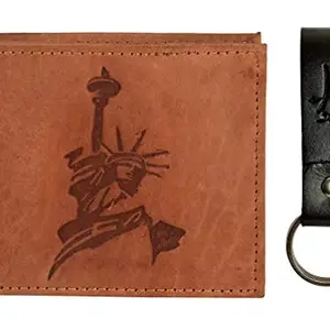 Hawai Statue of Liberty Men's Leather Wallet with Keychain (LWFMP318_Tan)